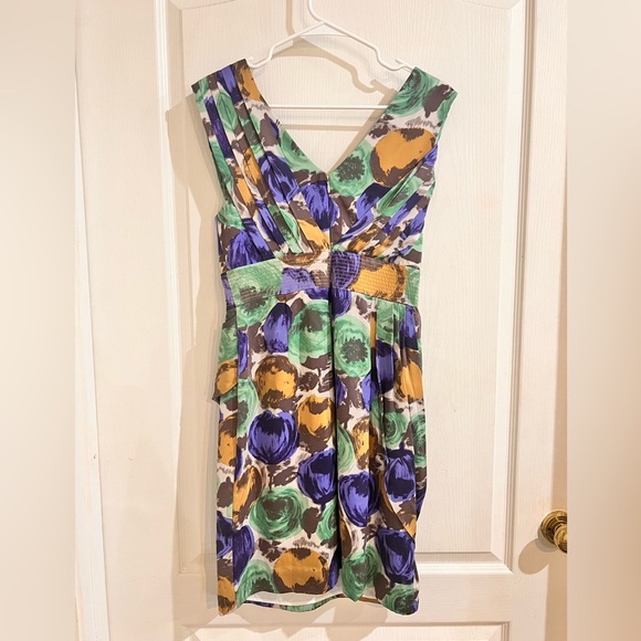 FINAL PRICE NWT BCBGMAXAZRIA Silk Multicolor Green  Floral Drape Pleated Dress - Picture 2 of 10